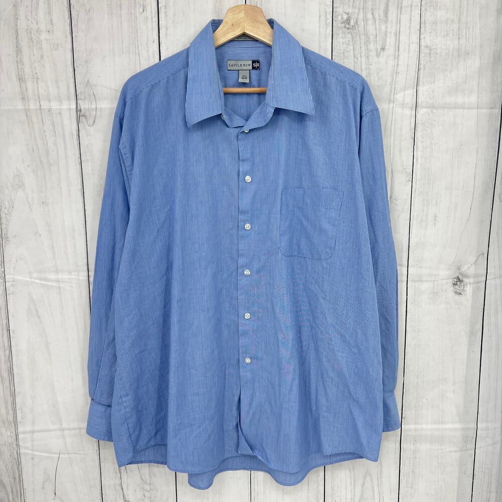 SAVILE ROW XL (17.5) Blue Pinstriped Dress Shirt Button Down Long Sleeve